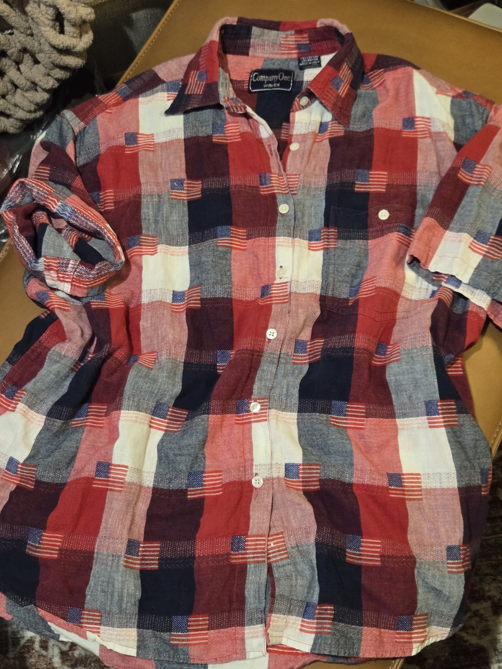 VintCompany One Red & Navy Plaid Short-Sleeve Button-Down Shirt with Flag Detail